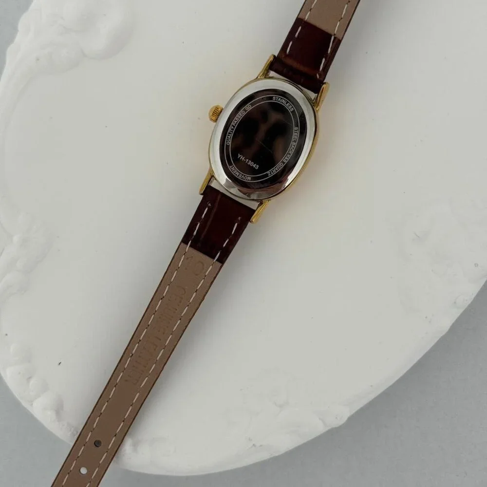 Sku 0441 vintage vibe retro mini watch gold brown leather strap + in‎ a gift bag